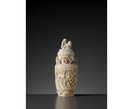 AN EXCEPTIONAL OPENWORK AND RETICULATED IVORY ‘HUNDRED BOYS’ VASE AND COVER, LATE QING TO REPUBLICChina, late 19th to early 2