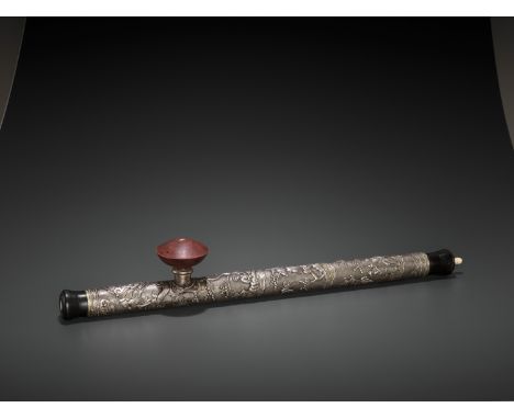 A HARDWOOD OPIUM PIPE WITH BONE, SILVER AND YIXING CERAMIC FITTINGS, LATE QING TO REPUBLICChina, late 19th to early 20th cent