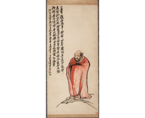 ‘BODHIDHARMA’, BY WU CHANGSHUO (1844-1927)Ink and watercolors on paper. Virtuoso painted to depict Bodhidharma wearing his ch