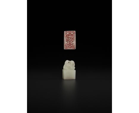 A WHITE JADE ‘MONKEY AND PEACH’ SEAL, MID-QING TO REPUBLICChina, late 18th to early 20th century. Of rectangular form, surmou