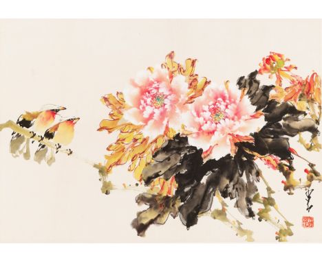 ‘PEONIES AND BIRDS’ BY ZHAO SHAO’ANG (1905-1988)Ink and watercolors on paper. Superbly painted with two small birds, one with