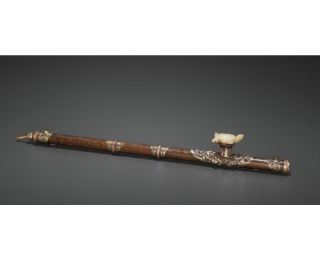 AN INSCRIBED BRONZE OPIUM PIPE WITH SILVER AND COPPER FITTINGS, LATE QING TO REPUBLICChina, 19th to early 20th century. The b