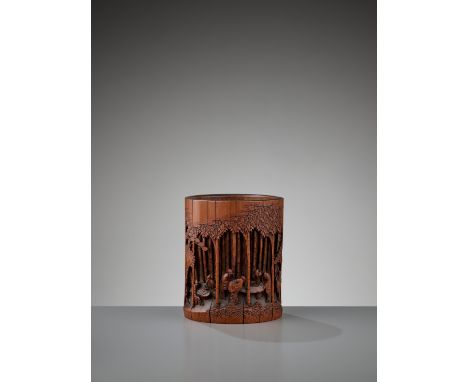 A RETICULATED BAMBOO ‘SEVEN SAGES’ BRUSH POT, BITONG, MID-QINGChina, 18th-19th century. Featuring a continuous openwork scene