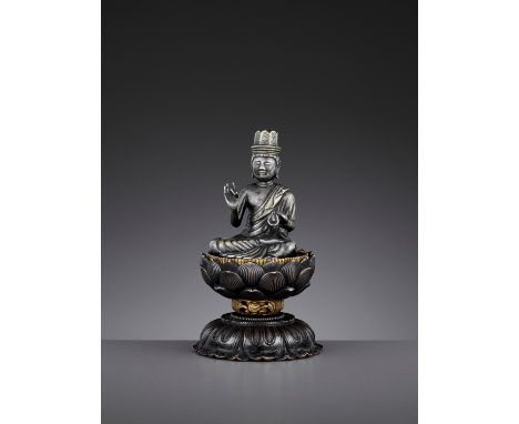 A KOREAN PARCEL-GILT AND SILVERED METAL FIGURE OF A CROWNED BUDDHA, 19TH CENTURYSeated in dhyanasana on a separately cast lot