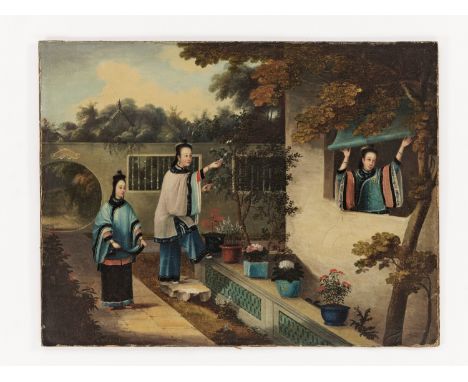 ‘PICKING FLOWERS’, CHINESE SCHOOL, 19TH CENTURYChina. Oil on canvas laid down on board. Depicting a walled garden scene with 
