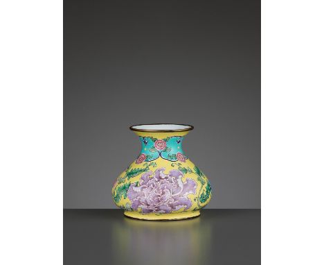 A BEIJING ENAMEL ON COPPER 'PEONIES' WATER POT, QIANLONG MARK AND PERIODChina, 1736-1795, ca. 1740. The pear-shaped body supp