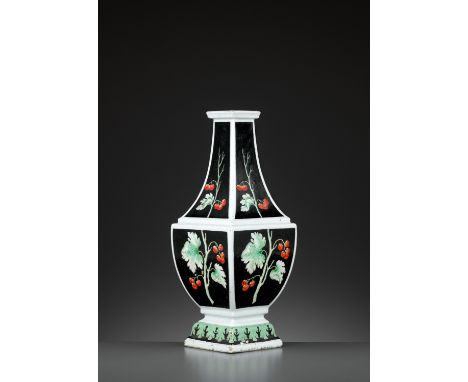 A BLACK-GROUND PORCELAIN ‘CORNELIS PRONK’ SQUARE BALUSTER VASE, 18TH CENTURYChina, c. 1734-1740. The rounded sides rising fro