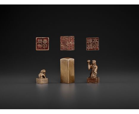 THREE BRONZE SEALS, MID-QING TO REPUBLICChina, late 18th to early 20th century. Each of square form, one with a slightly dome