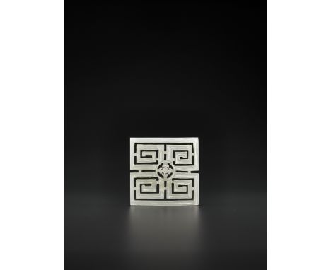 A CELADON JADE OPENWORK SQUARE ‘KEY FRET’ PLAQUE, QING DYNASTYChina, 1644-1912. Carved with a central roundel enclosing a flo