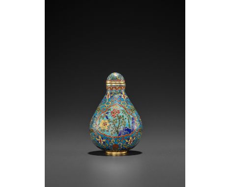 AN INSCRIBED IMPERIAL CLOISONNE ENAMEL SNUFF BOTTLE WITH MATCHING STOPPER, QIANLONG MARK AND PERIODChina, 1736-1795. Finely d