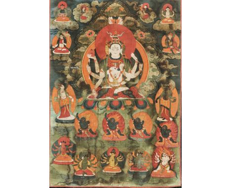 A THANGKA OF USHNISHAVIJAYA, 18TH-19TH CENTURYMongolia. Distemper on cloth. The three-headed Goddess of Longevity seated in d