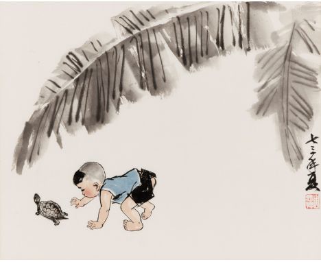 ‘BOY AND TORTOISE UNDER BANANA LEAF’, BY ZHOU SICONG (1939-1996)Ink and watercolors on paper. Depicting a young boy with torn