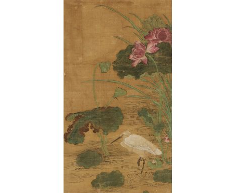 ‘HERON IN A LOTUS POND’, EARLY QING DYNASTYChina, 17th-18th century. Ink and watercolors on silk. The heron standing on one l