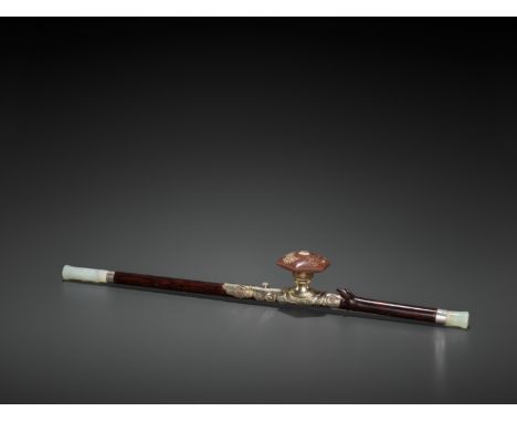 A BAMBOO OPIUM PIPE WITH HARDSTONE, SILVER AND YIXING CERAMIC FITTINGS, LATE QING TO REPUBLICChina, late 19th to early 20th c