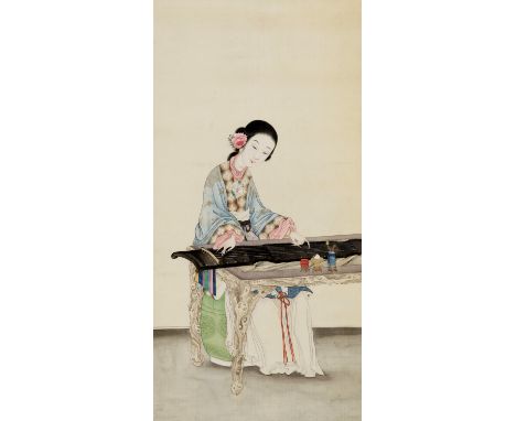 ‘A LADY PLAYING THE QIN’, IMPERIAL SCHOOL, QING DYNASTYChina, 18th-19th century. Ink and watercolors on silk, mounted as a ha