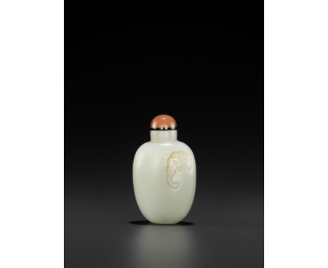A PALE CELADON JADE ‘BAT’ SNUFF BOTTLE, QING DYNASTYChina, 19th century. Fairly well hollowed, the translucent stone of an ev