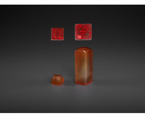 TWO CHALCEDONY SEALS, MID-QING TO REPUBLICChina, late 18th to early 20th century. Each of square form, the smaller seal surmo