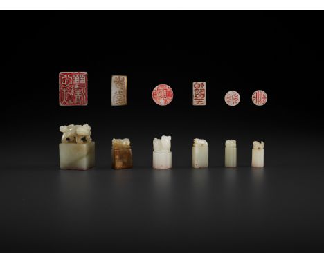 SIX JADE ‘BUDDHIST LION’ SEALS, MID-QING TO REPUBLICChina, late 18th to early 20th century. Three seals of circular form, two