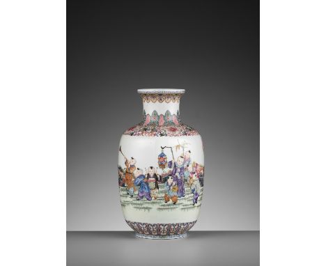 A POLYCHROME ENAMEL ‘HUNDRED BOYS’ VASE, REPUBLICChina, 1912-1949. The ovoid body rising from a short ring foot to a slightly