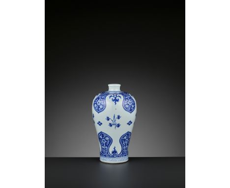 A BLUE AND WHITE MEIPING, QING DYNASTYChina, 1644-1912. With a slightly waisted neck and lipped rim, the sides painted with l