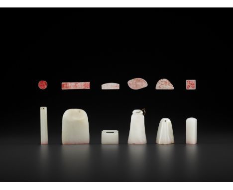 SIX WHITE JADE SEALS, MID-QING TO REPUBLICChina, late 18th to early 20th century. Two seals of irregular form, one carved as 