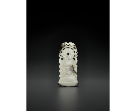 A BLACK AND WHITE JADE ‘ARCHAISTIC’ AXE-FORM OPENWORK PENDANT, 18 CENTURYChina. Finely carved in the form of an axe-form bell