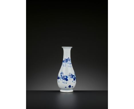 A BLUE AND WHITE ‘BOYS’ VASE, YUHUCHUNPING, QINGChina, 1644-1912. The pear-shaped body supported on a tall splayed foot and r