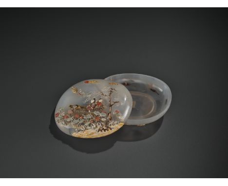 AN EMBELLISHED ‘PICKING LOTUS’ AGATE BOX, QING DYNASTYChina, the box 1750-1850, the embellishment by the Tsuda family, Kyoto,