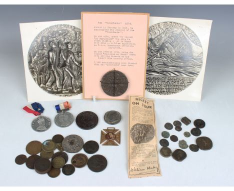 A collection of various tokens and medallions, including a Victorian New Zealand United Service Hotel token 1874 and a Fowler