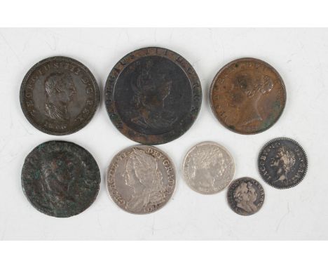 A small group of British coins, including a James II fourpence 1687, a William and Mary penny 1691 and a George II Lima shill