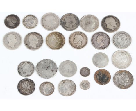 A small collection of 18th and 19th century silver coinage, including a George I shilling 1723 South Sea Company issue, a Geo