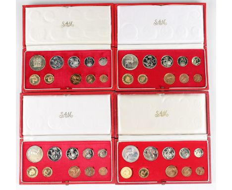 A group of four South Africa Mint ten-coin sets, 1970, 1971, 1972 and 1973, each comprising gold two rands, gold one rand, si