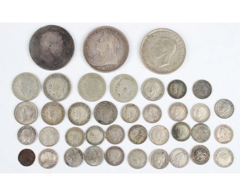 A George III crown (rubbed), a Victoria crown 1893, a George VI crown 1937 and a collection of other silver and silver nickel