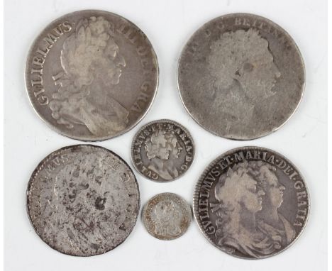 A William III crown 16??, edge detailed 'Octavo' (date rubbed), and a small group of other silver coinage, including a Willia