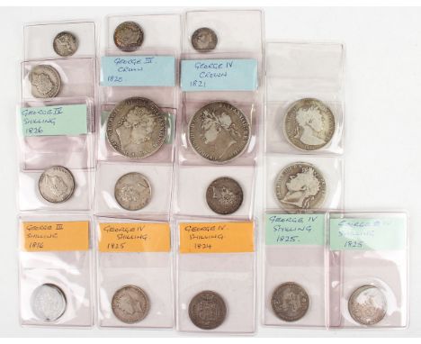 A collection of early 19th century silver coinage, including a George III crown 1820, edge detailed 'LX', a George III half-c