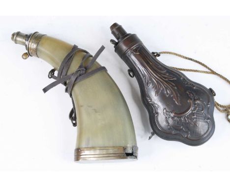A horn powder flask, having plated mounts, the nozzle stamped Boche A Paris, h.21cm, together with a copper powder flask, hav