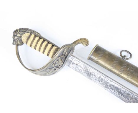 An 1827? pattern Naval Officer's sword, the 80.5cm curved pipe-back spearpoint blade etched with a crown over fouled anchor a