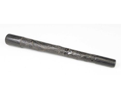 A 19th century Irish bog oak truncheon, carved with a harp and entwined bands of shamrock, 36cm.
