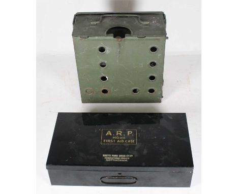 A post-WWII British Army field camp stove, width 24cm, depth 24cm, height 12cm, together with an ARP Home Guard First Aid cas