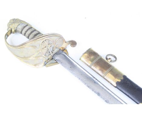 A British 1827 pattern Naval Officer's sword, having a 75cm pipe back quill point blade, the Gothic gilt brass hilt with fold