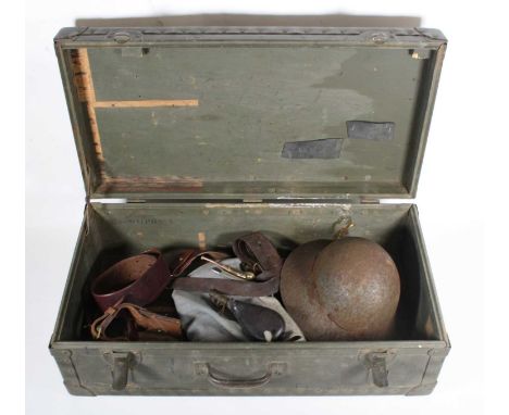 A collection of miscellaneous items to include a WWI period Sam Brown belt with frog, Zuckerman helmet, leather shot flask, h