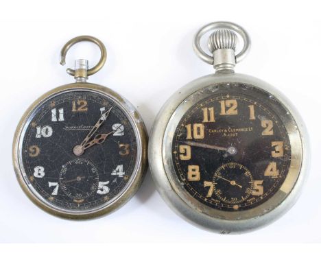 A Jaeger Le Coultre military issue open face pocket watch, having a signed black enamel dial with Arabic numerals and subdisi