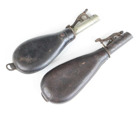 A 19th century leather shot flask of typical pear shape with suspension ring, 20cm, together with one other smaller example, 