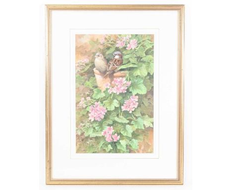 Neil Cox, (b.1955), Male and Female Sparrow perched upon a plant pot amidst flowers, watercolour, signed lower right, 45 x 29