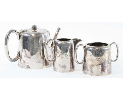 A War Department three piece tea service by Walker and Hall, to include teapot, sugar basin and milk jug, each numbered 53312