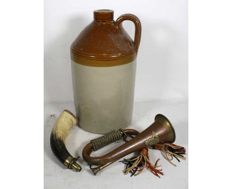 A late 19th/early 20th century horn powder flask, having a brass nozzle stamped G&amp;JW Hawkesley, Sheffield, height 26cm, t