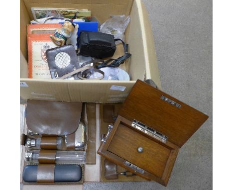 An oak caddy, a travel set, maps, tea cards, a radio, tins, etc.