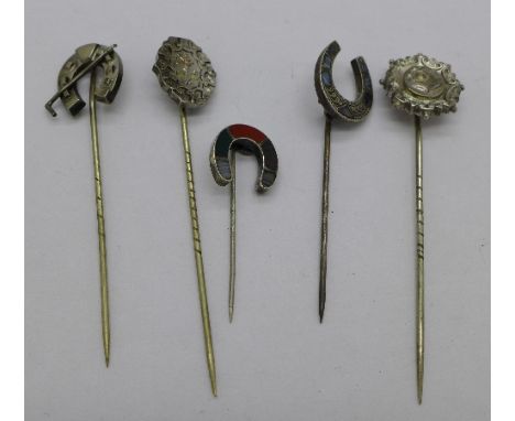 Five silver stick pins including two Scottish 