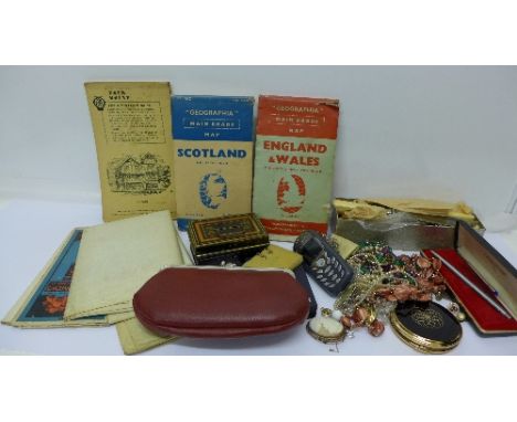 Costume jewellery, a Stratton compact, a Ronson lighter, a Conway Stewart pen, cutlery, maps, etc.