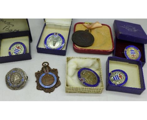 Four silver and enamel Federation of London Deaf Clubs badges, with inscriptions for Badminton to I. Batt dated 1935, 36, 37 
